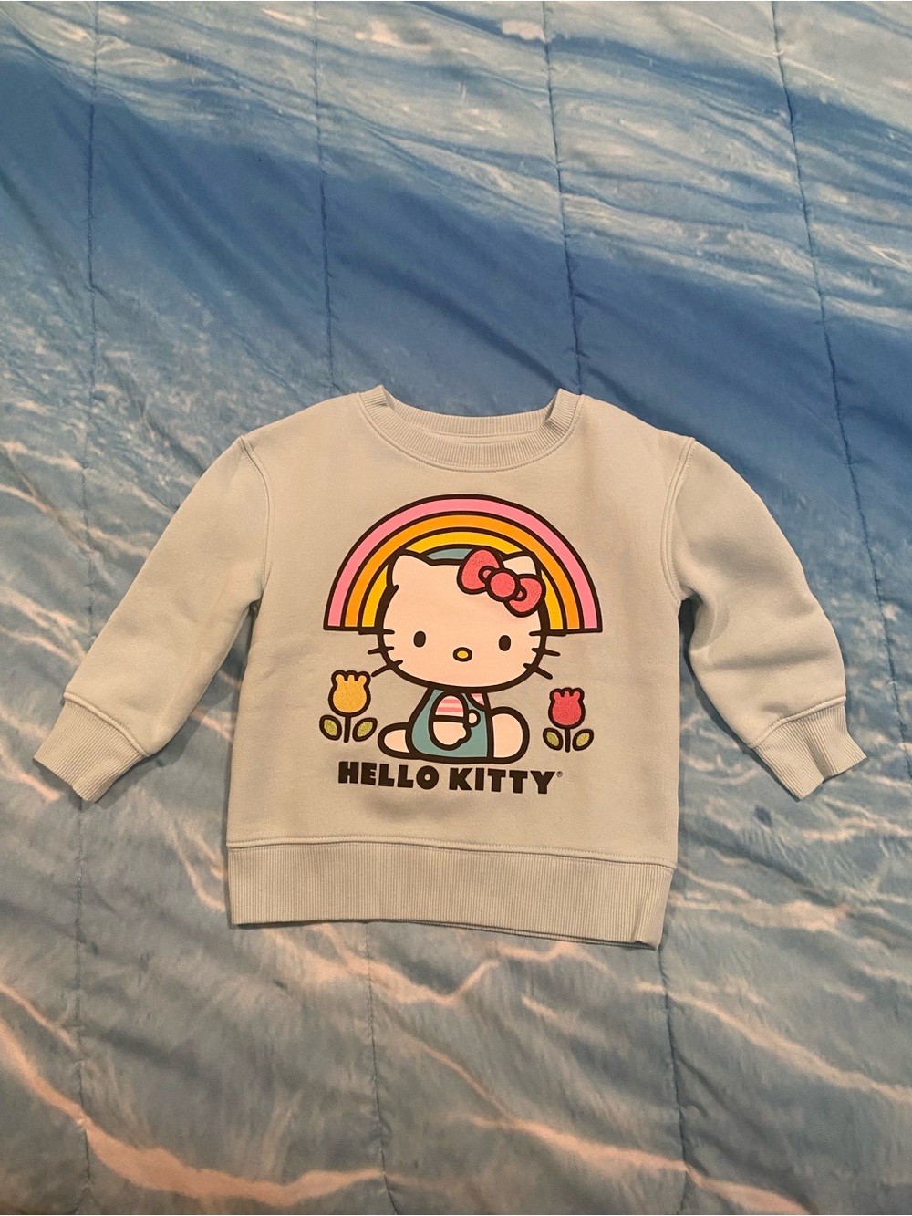 Hello Kitty Pastel Blue Sweatshirt with Rainbow & Tulip Graphic